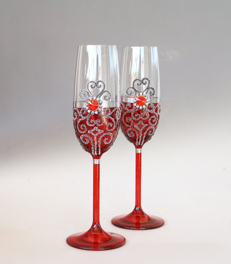Champagne Wine Glasses Red Wedding Hand Painted Set of 2 - 酒杯/酒器 - 玻璃 红色
