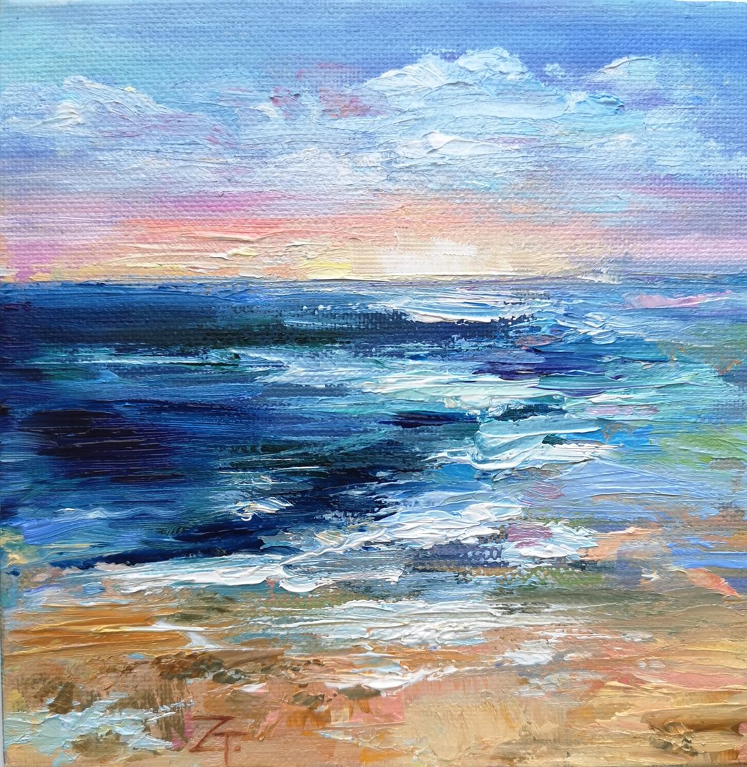 Seascape Painting  Abstract Original Art on Canvas 15x15 cm. - 海报/装饰画/版画 - 棉 