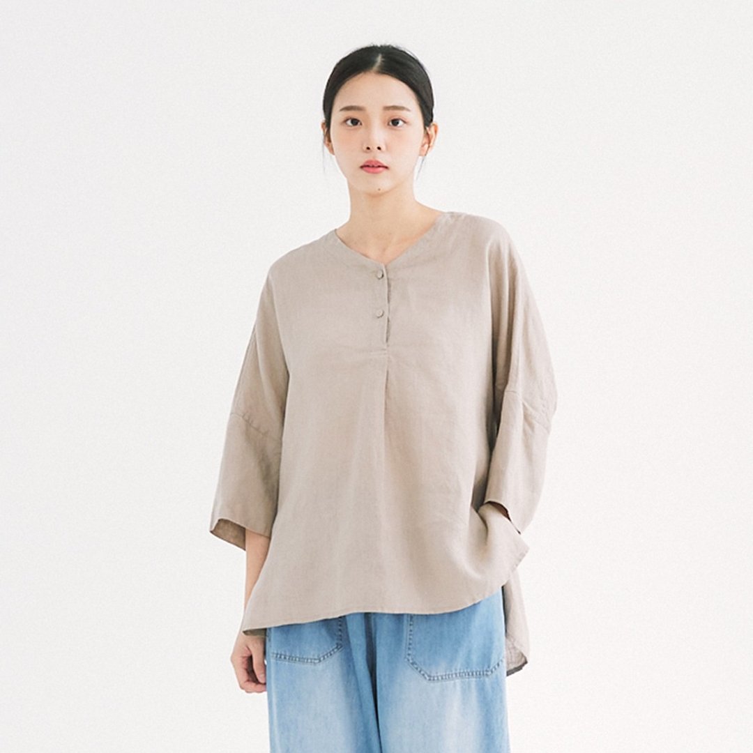 【Simply Yours】亚麻V领中袖上衣 咖啡F - 女装上衣 - 棉 卡其色