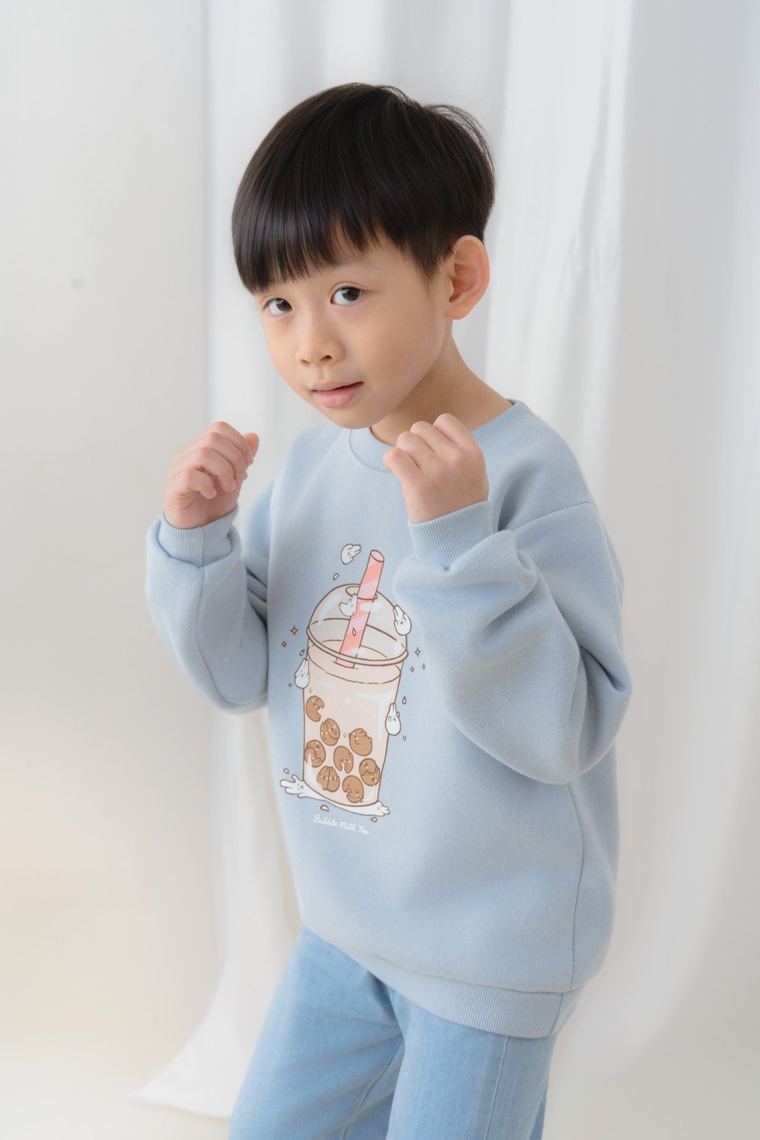 Kid-珍珠奶茶刷毛大学 T Sweatshirt (水蓝色) - 亲子装 - 棉 蓝色