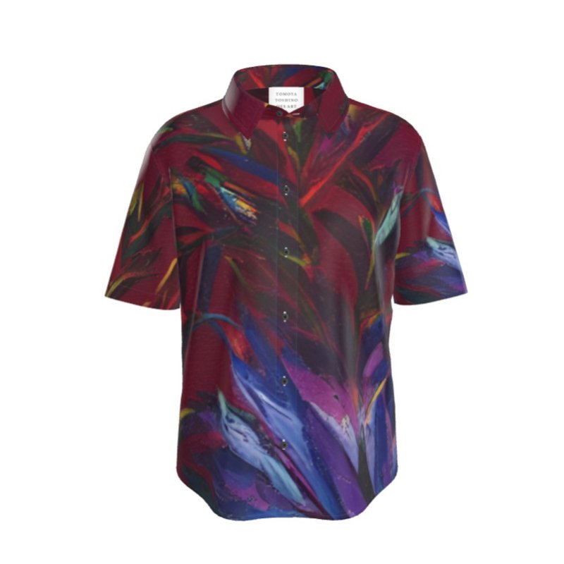 以油画颜料绘制的异国情调植物图案 短袖钮扣衬衫 - 男装衬衫 - 棉．麻 多色