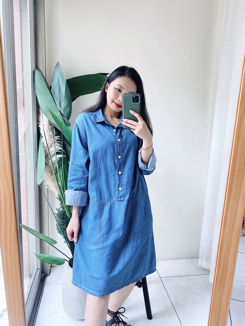 海蓝丹宁青春恋日手札 极薄料牛仔 古着棉质连身裙洋装长裙 dress - 洋装/连衣裙 - 棉．麻 蓝色