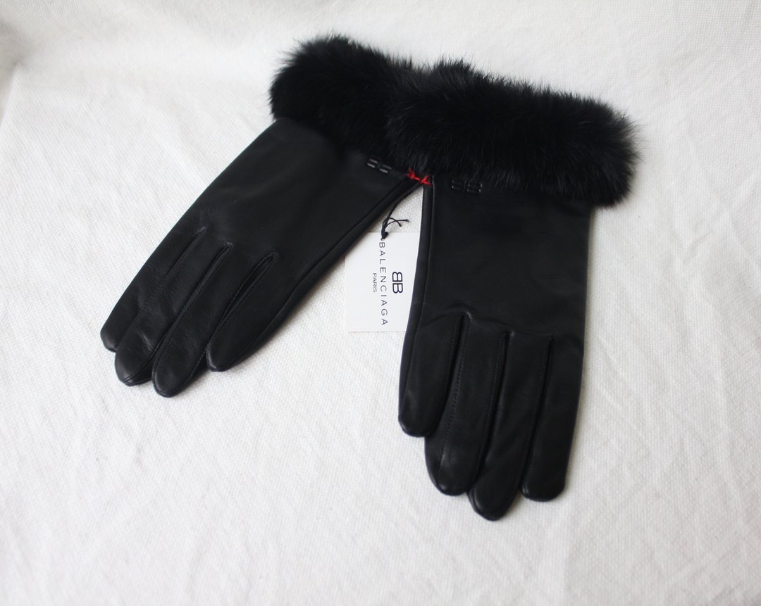 FOAK古着 /保留中/Balenciaga黑色羊皮兔毛手套 - 手套 - 真皮 