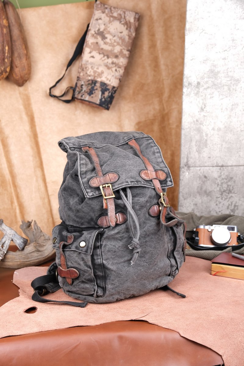 复古洗水作旧帆布背包加厚进口牛皮二战军用复刻双肩包后背包 - 后背包/双肩包 - 棉．麻 灰色