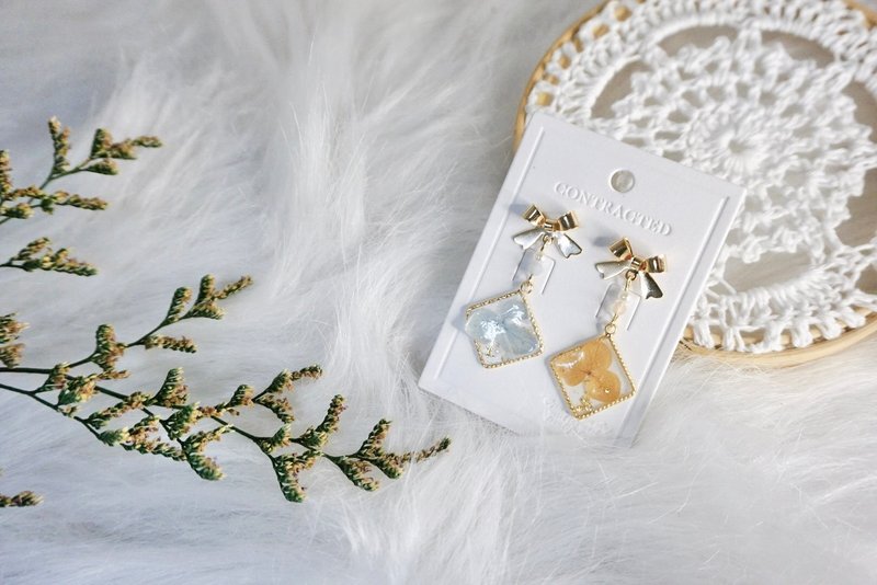 【澄净绣球-方】干燥花-绣球花/耳环/耳夹/银针/垂坠/蓝 橘 - 耳环/耳夹 - 纯银 黄色