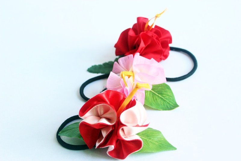 3ways hibiscus accessories,Ponytail Holder(R3),hair bow,uke, - 胸花/手腕花 - 棉．麻 红色