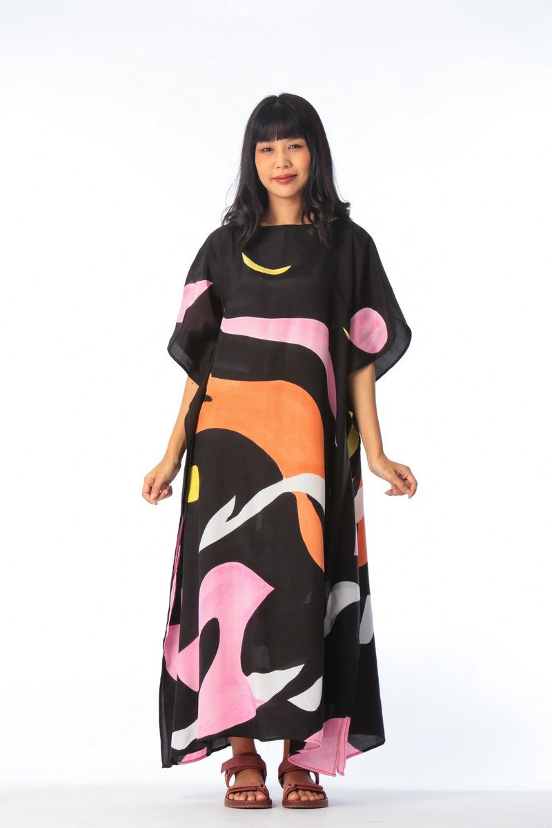 Hand Painted Cotton Silk Kaftan for Summer Resort Vacation F - 洋装/连衣裙 - 棉．麻 黑色