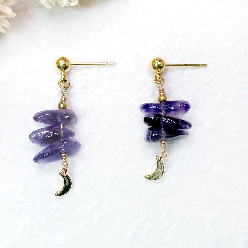 VIIART。月月年年-紫水晶。紫水晶黄铜镀金耳环耳针-可改夹 - 耳环/耳夹 - 铜/黄铜 紫色