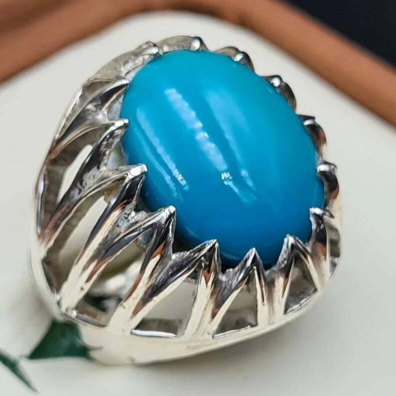 Turquoise Ring Feeroza Sterling Silver Real Irani Feroza Handmade Jewelry Ring - 戒指 - 宝石 蓝色