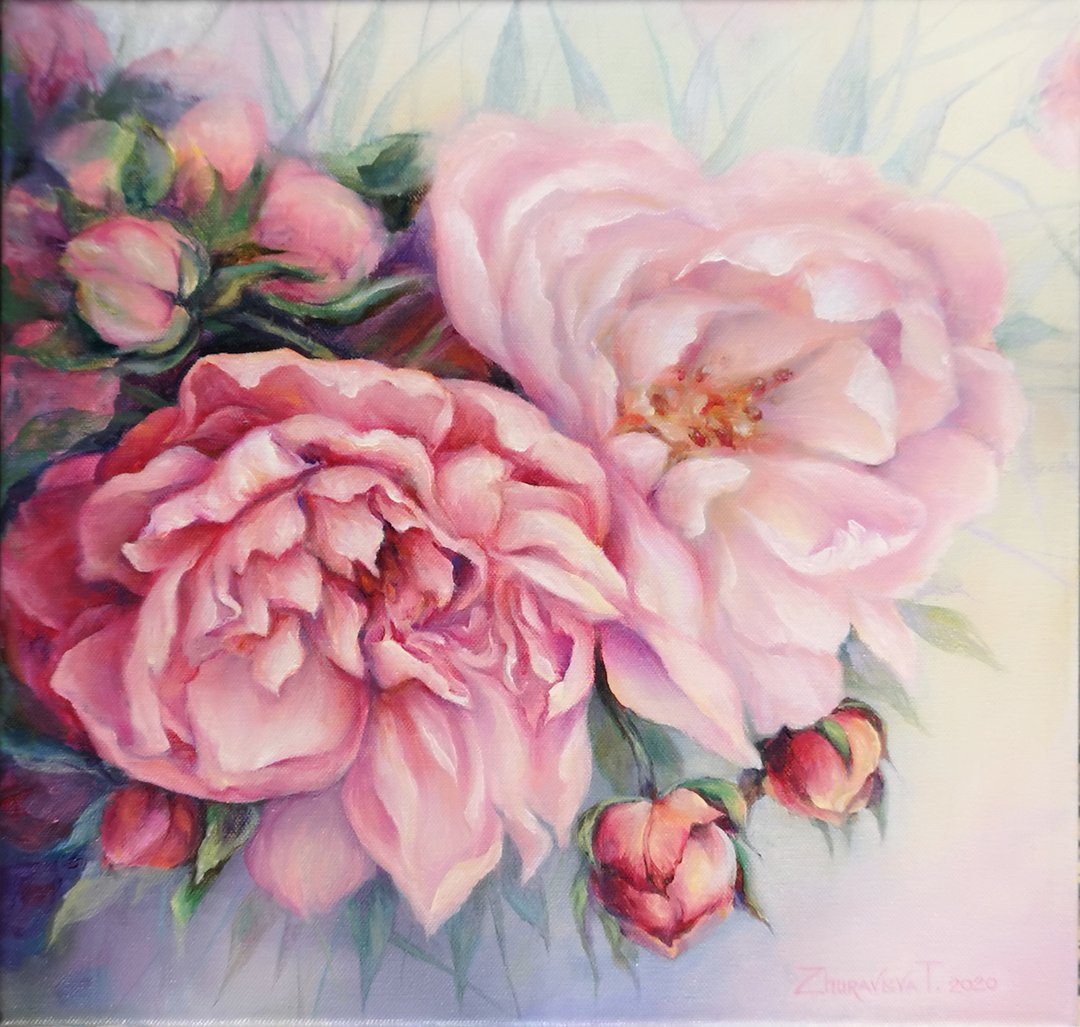 Rose Oil Painting Original Art on Stretched Canvas 40x40 cm. - 墙贴/壁贴 - 棉 