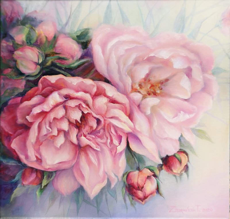Rose Oil Painting Original Art on Stretched Canvas 40x40 cm. - 墙贴/壁贴 - 棉．麻 