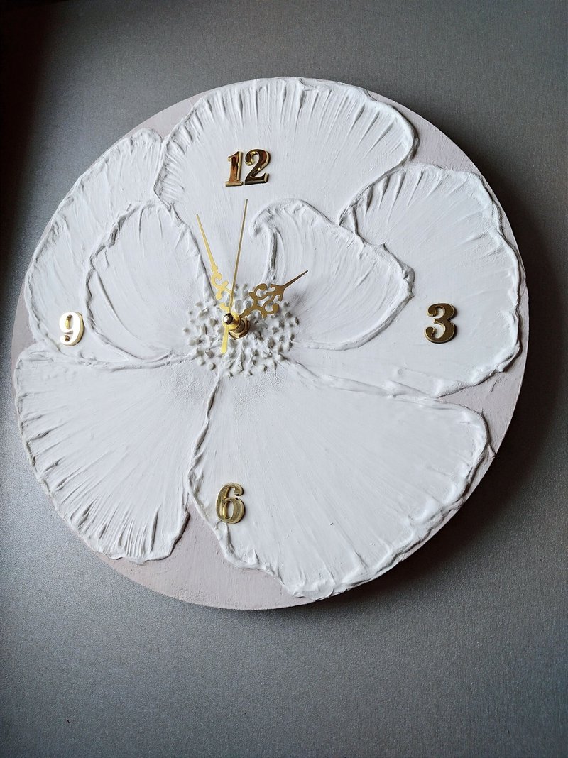 挂钟 儿童挂钟，灰色背景白花 静音挂钟 礼物 - 儿童家具 - 木头 白色