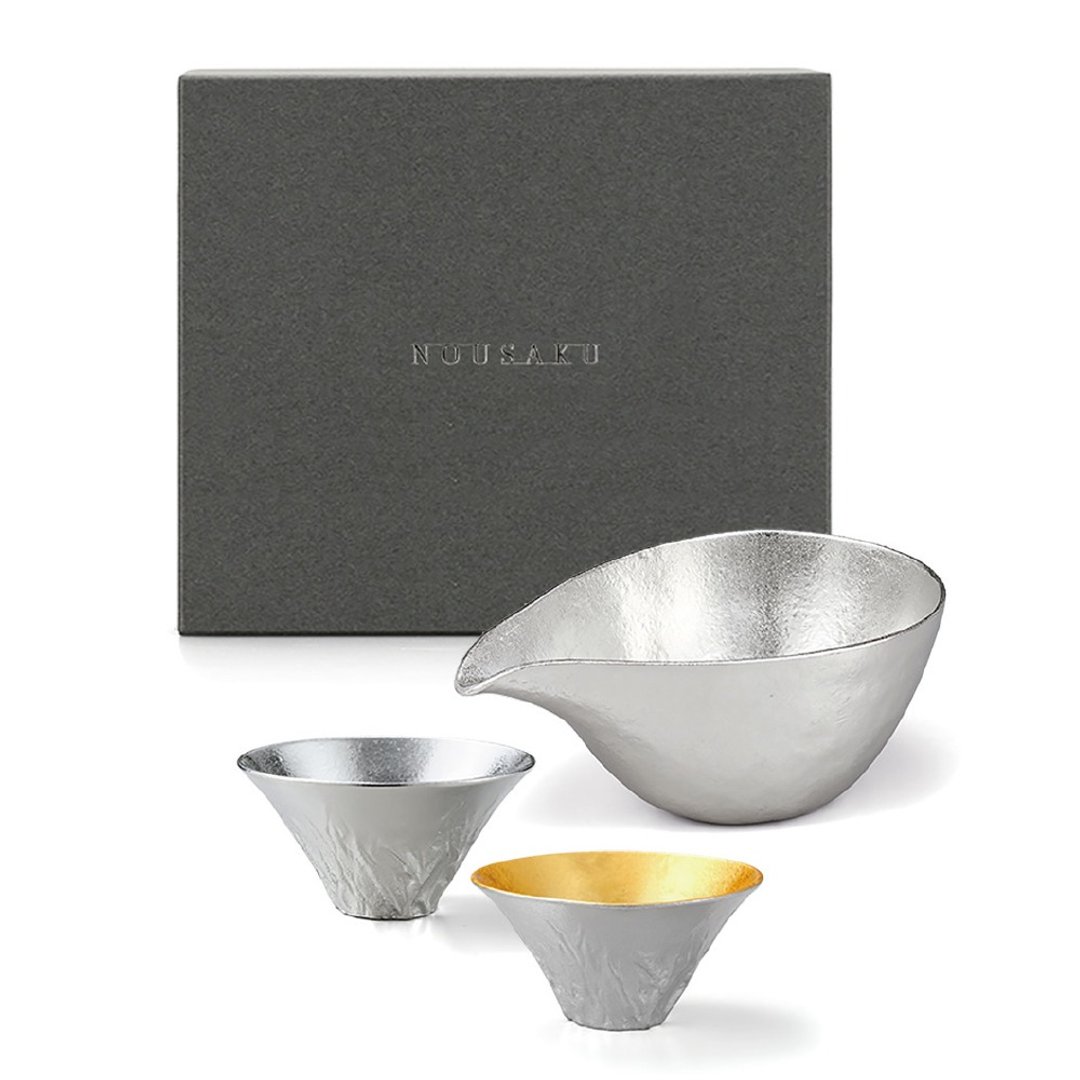 清酒具礼盒 (片口盅L+富士山风情对杯) - 酒杯/酒器 - 贵金属 银色
