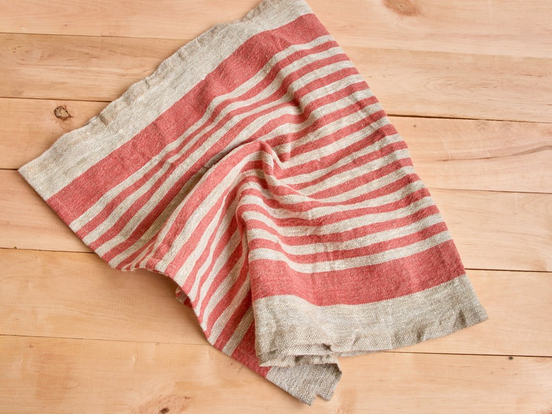 Set of 2 red striped rustic linen kitchen tea towels, housewarming gift - 餐垫/桌巾 - 亚麻 红色