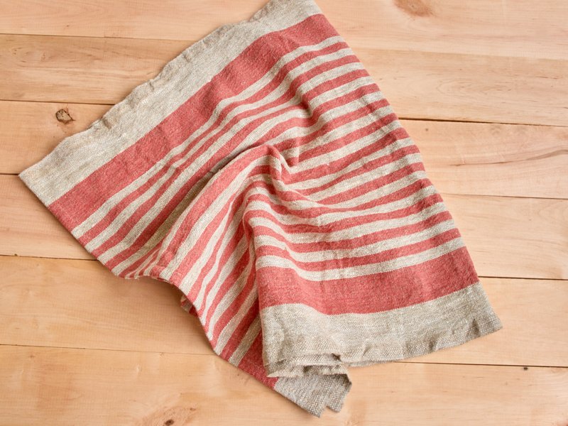 Set of 2 red striped rustic linen kitchen tea towels, housewarming gift - 餐垫/桌巾 - 亚麻 红色