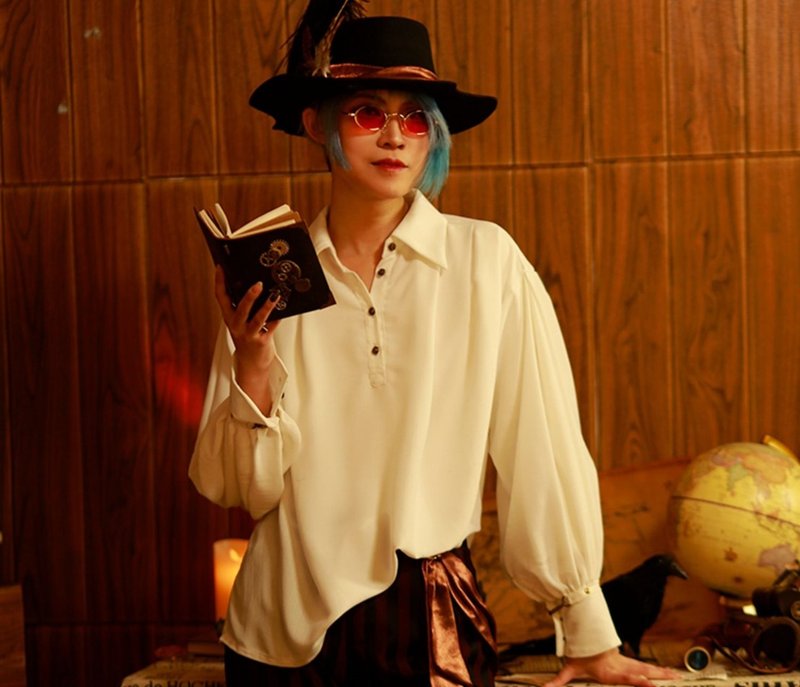 蒸汽朋克 复古海盗风 雪纺落肩寬鬆衬衫 - 男装衬衫 - 其他材质 白色