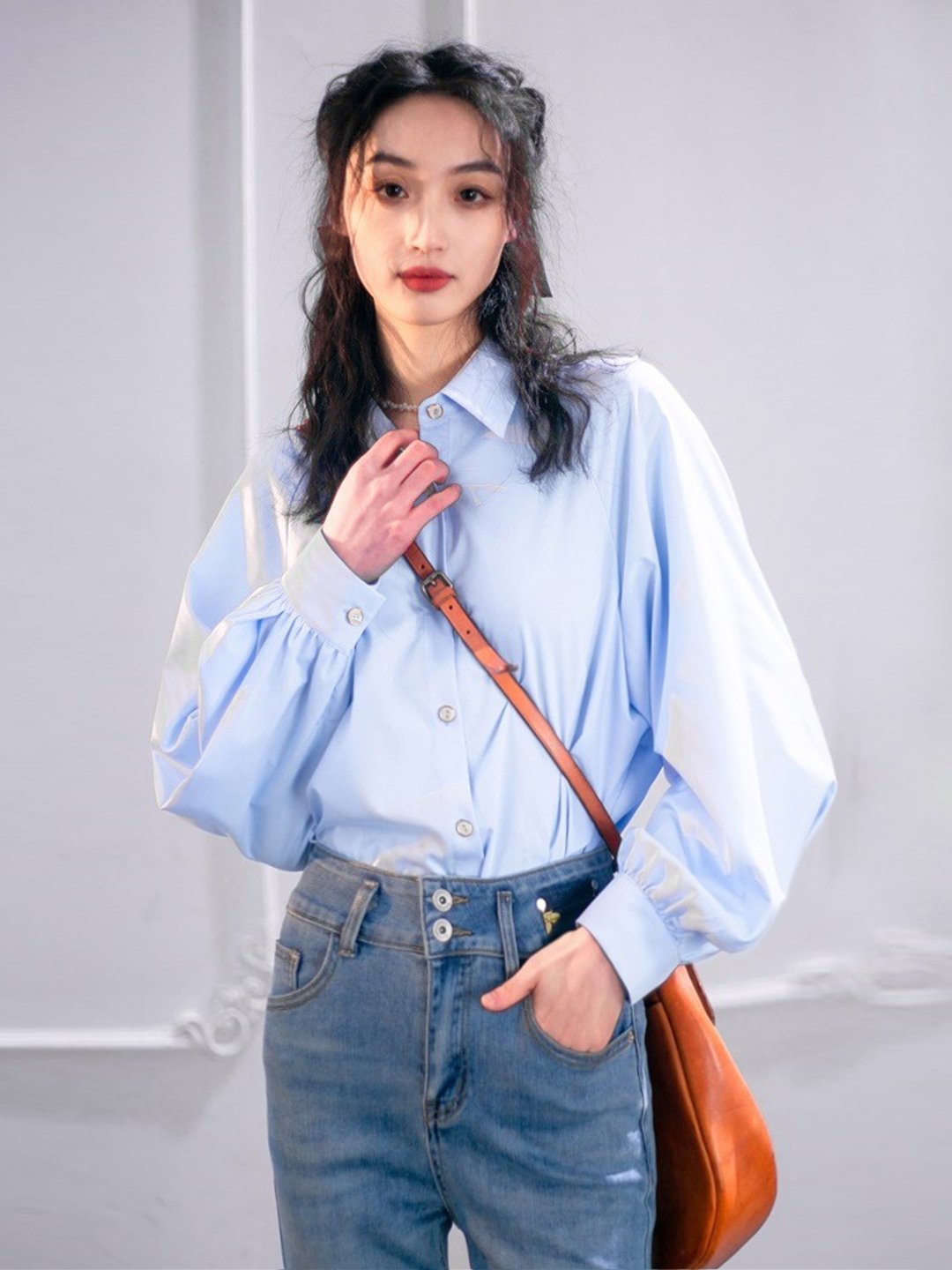 竹纤维免烫不变形治愈蓝色高品质简约气质洋装衬衫 - 女装衬衫 - 其他人造纤维 蓝色