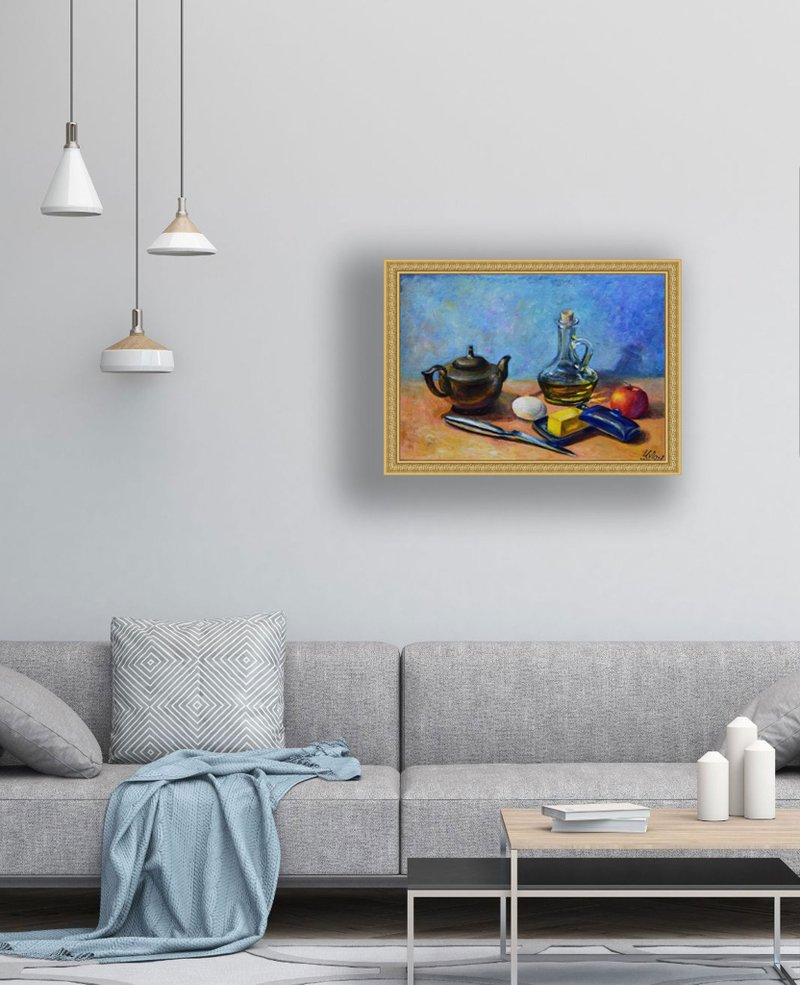 Still life painting Original Art Teapot Apple Glass Artwork Kitchen Wall Art - 墙贴/壁贴 - 其他材质 多色