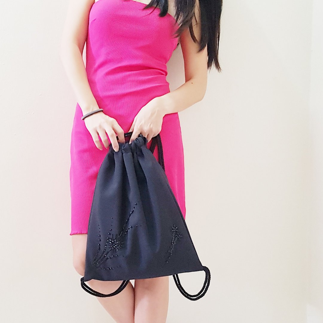 Convertible Drawstring Bag / Backpack / Clutch Bag / Dinner Bag / Evening Bag - 束口袋双肩包 - 羊毛 黑色