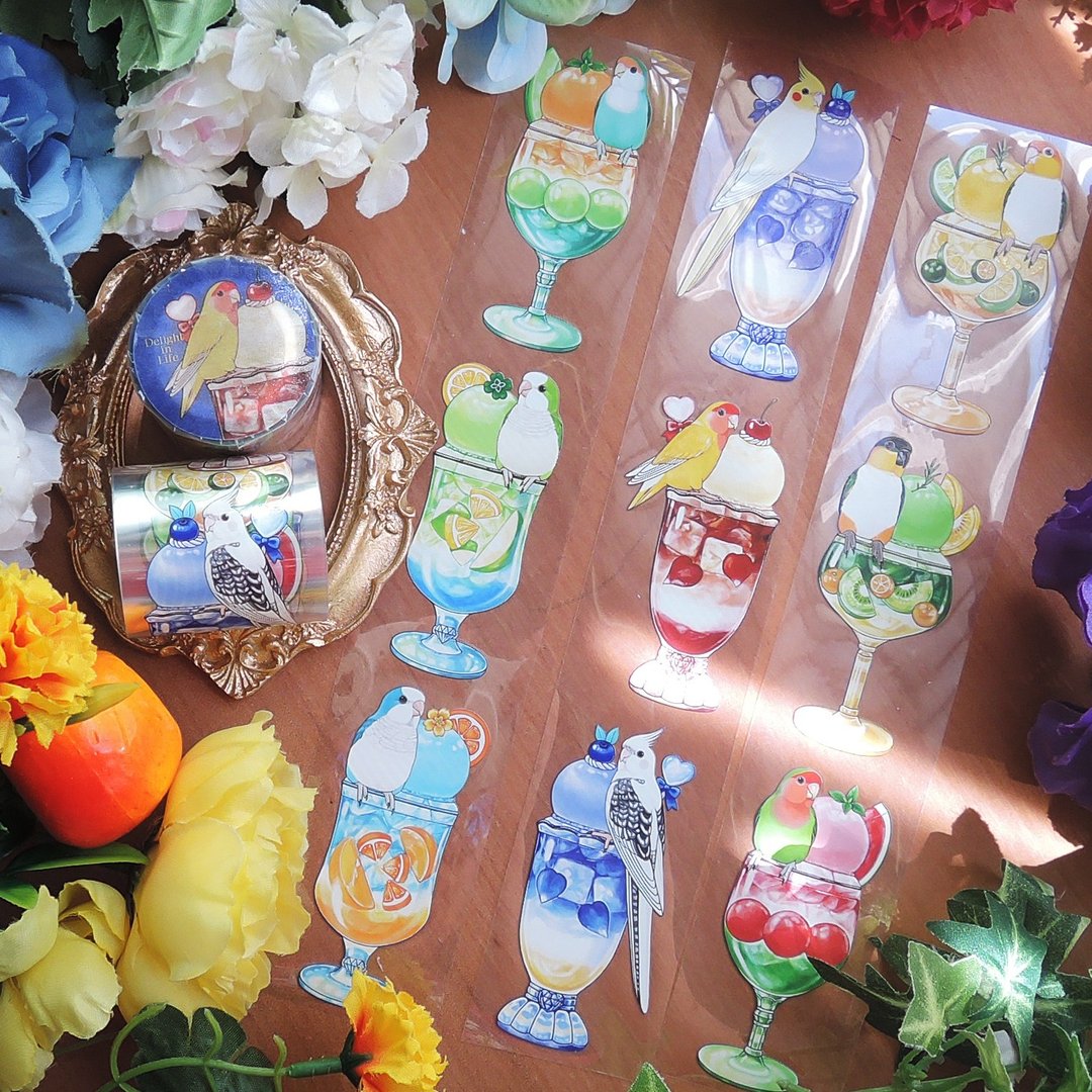 鹦鹉的光之饮品亮面 PET 胶带 + 带离型纸+ - 纸胶带 - 塑料 多色