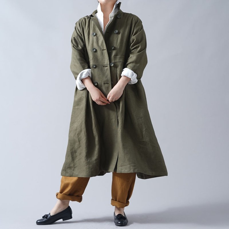 wafu premium linen - 亞麻外套 Trench Coat Dress / Olive h016a-olv3 - 女装西装外套/风衣 - 亚麻 绿色