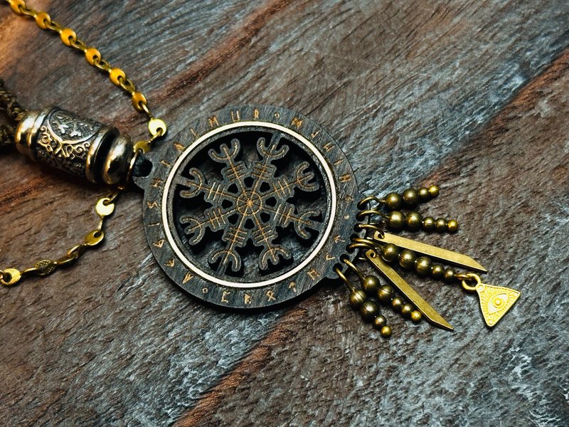 【魔法符文】敬畏之盔Helm of Awe 卢恩符文木镶嵌项链 - 项链 - 木头 黑色