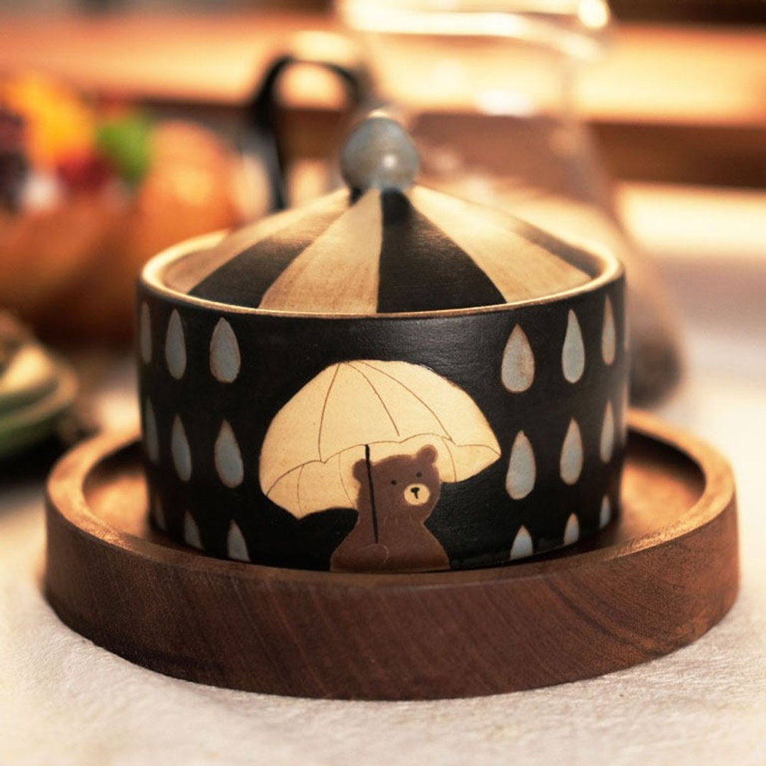 雨傘小熊粗陶儲物罐 / 茶葉罐玄關收納 / 日式陶瓷家用 - 茶具/茶杯 - 瓷 黑色
