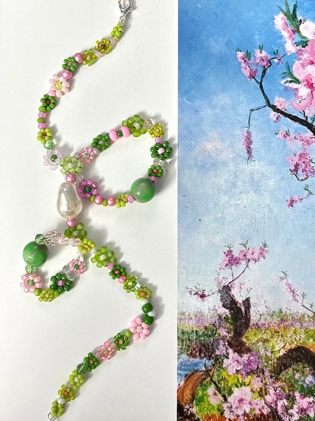串珠項鍊 撞色繁花項鍊 手作項鍊 日本米珠 花朵項鍊 - 项链 - 玻璃 