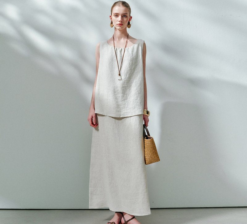 【100%进口亚麻】法式簡約/松弛感假两件连衣裙 - 洋装/连衣裙 - 棉．麻 白色