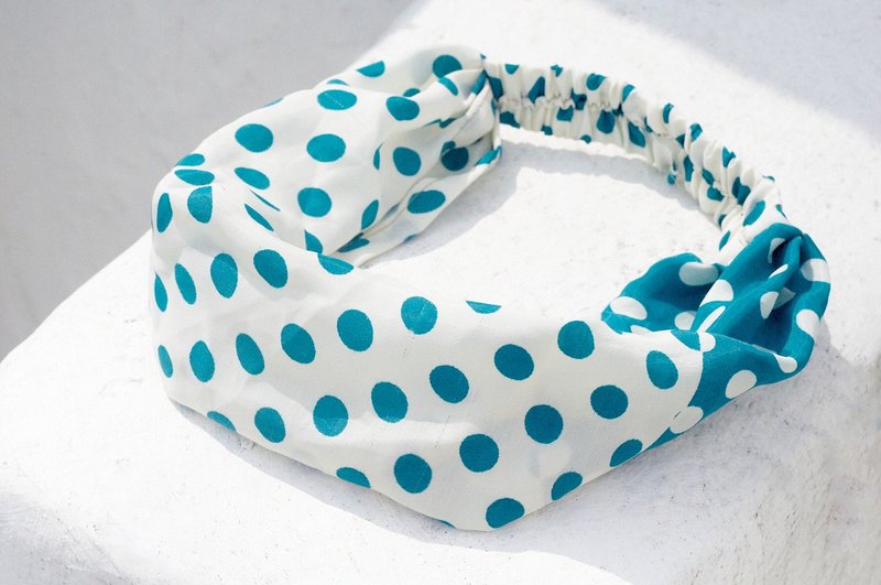 手工发带 / 法式发带 / 缤纷花朵发带 / 缎面松紧发带 / 缎面丝绸发带 / 花朵发带 - 蓝色海岸 圆点 点点 水玉 ( 手工限量一件 ) - 发饰 - 丝．绢 蓝色