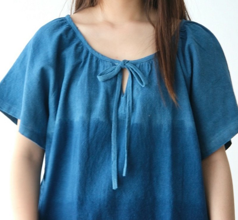 【棉麻手工蓝染】系带圆领短袖上衣3色 - 女装上衣 - 棉．麻 蓝色