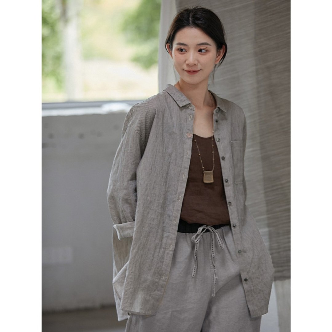 麻黑条纹亚麻棉混纺纱小翻领大衬衫 - 女装衬衫 - 棉 
