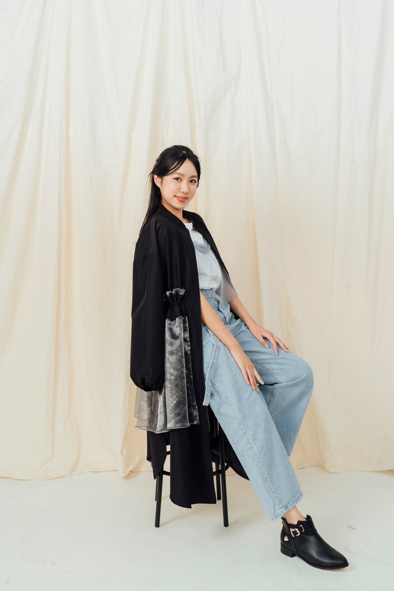 纱裙波浪风衣外套 - 女装休闲/机能外套 - 其他人造纤维 黑色