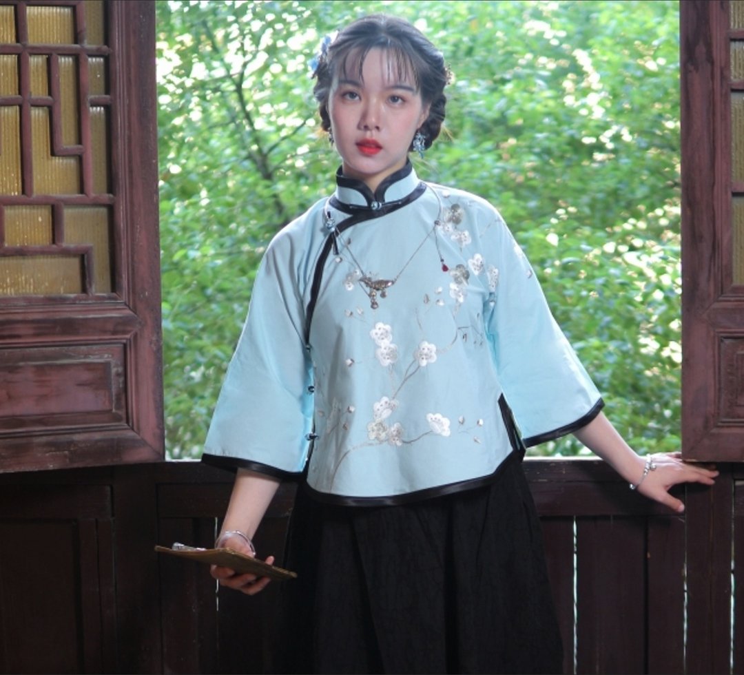 【南枝】民国复古风  纯棉绣梅花倒大袖旗袍上衣 - 女装上衣 - 棉 蓝色