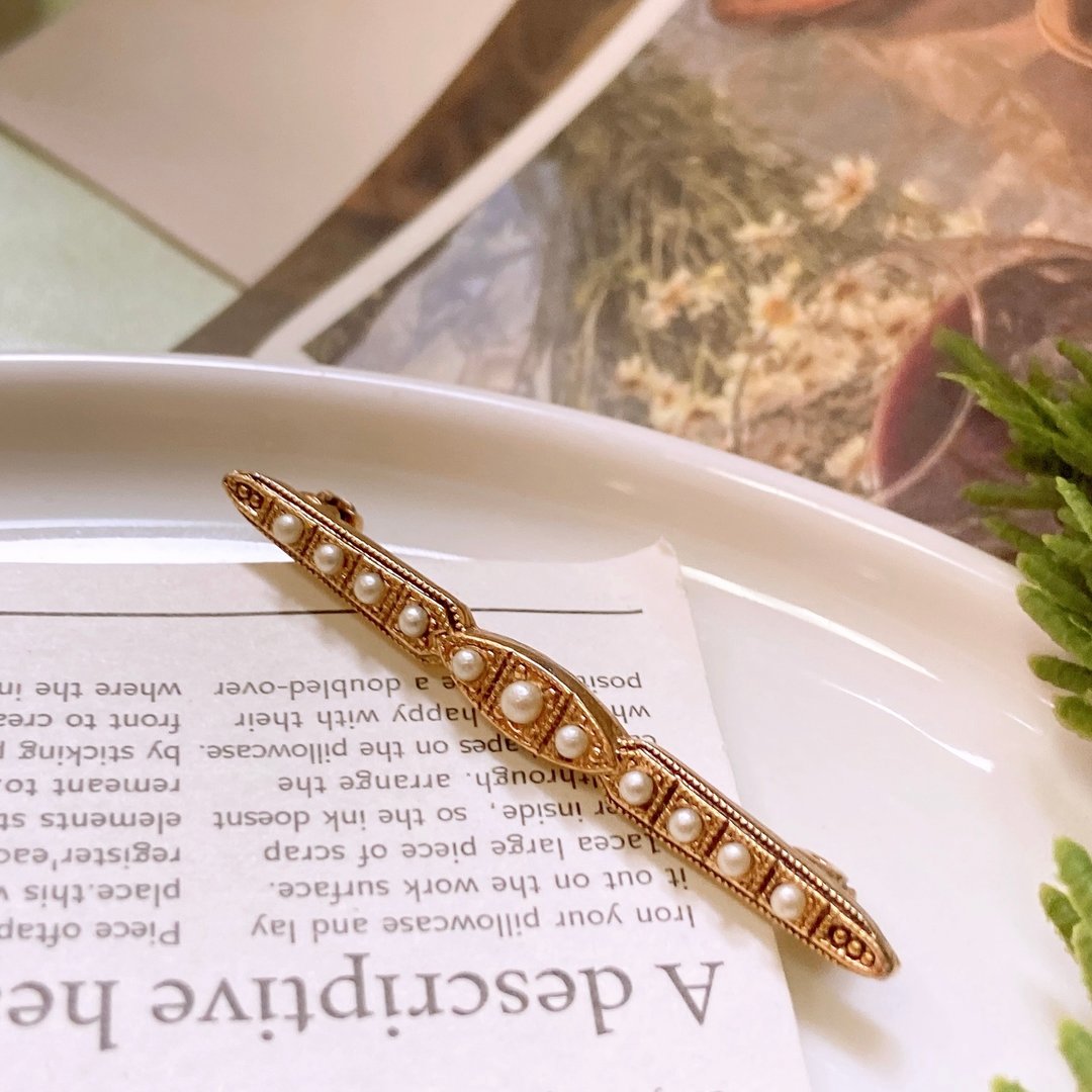 【西洋古董饰品】珍珠感排唯美气质Art Deco 细长金 胸针 胸章 - 胸针 - 贵金属 金色