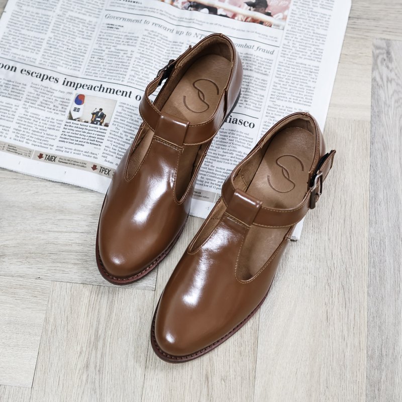 T字玛莉珍鞋 台湾真皮手工女皮鞋 宽楦尖头鞋 大尺码女鞋-亮棕 - 玛莉珍鞋 - 真皮 