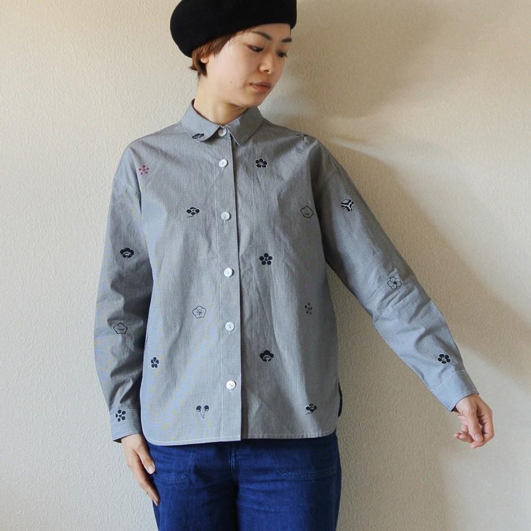 Gingham check shirt Ume family crest - 女装上衣 - 棉 