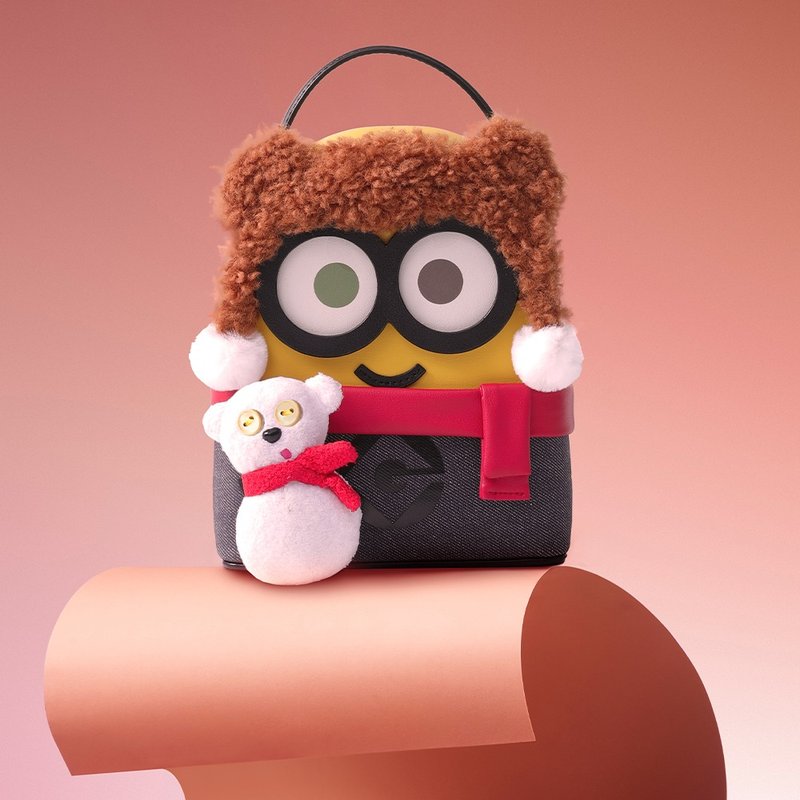 Minions 圣诞毛毛皮革背囊 - 后背包/双肩包 - 真皮 黄色