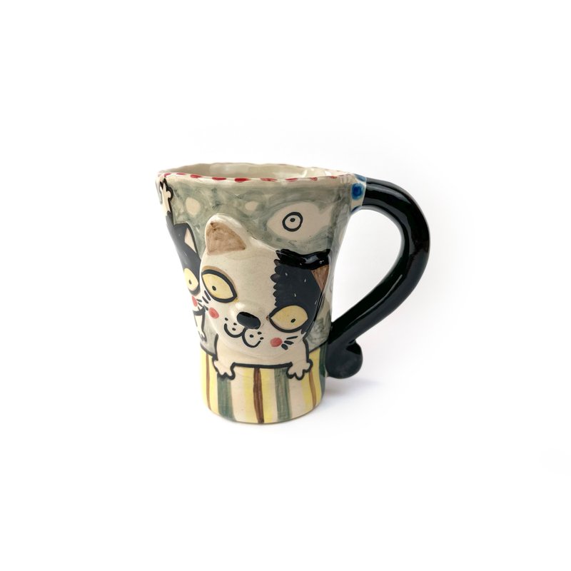 Nice Little Clay 手工铃铛杯 可爱猫 0101-162 - 咖啡杯/马克杯 - 陶 白色