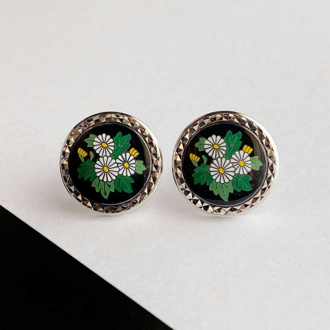 Chrysanthemum [Black] Cloisonne Cufflinks Cufflinks Pure Silver Metal Cloisonne - 袖扣 - 其他材质 黑色