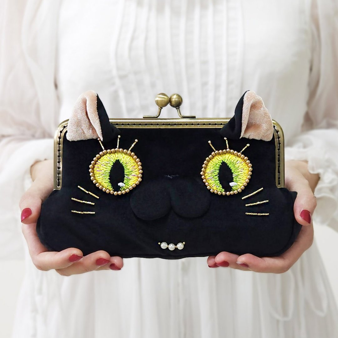 手工刺绣黑猫丝绒口金长夹 珠饰 链条斜挎包 卡包 送礼女生 - 皮夹/钱包 - 聚酯纤维 黑色