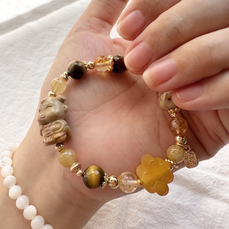 福气小童心 三太子手链 阿拉善手工雕刻 黄水晶 黄虎眼 钛晶 - 手链/手环 - 半宝石 黄色