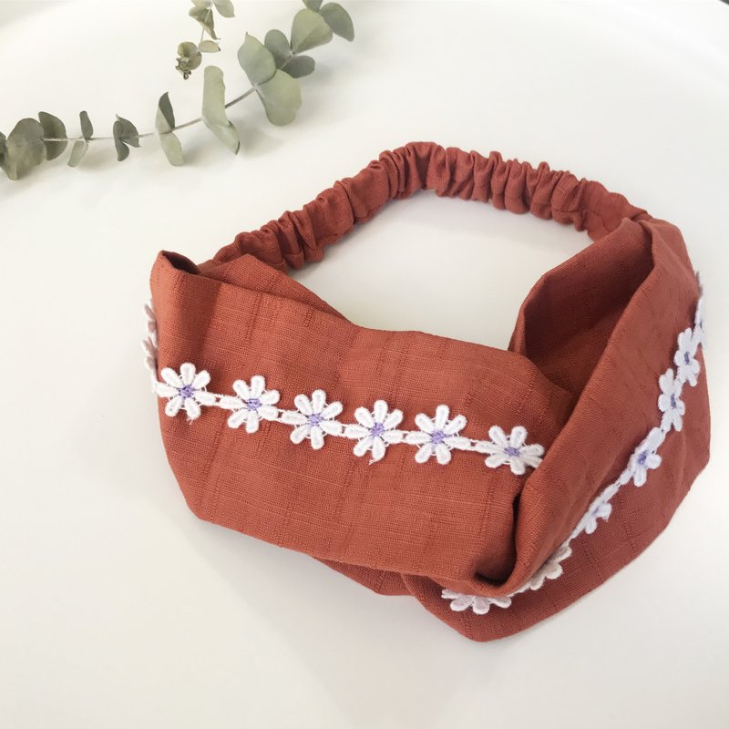 蕾丝小花交叉发带-梅粉 - 发带/发箍 - 棉．麻 粉红色