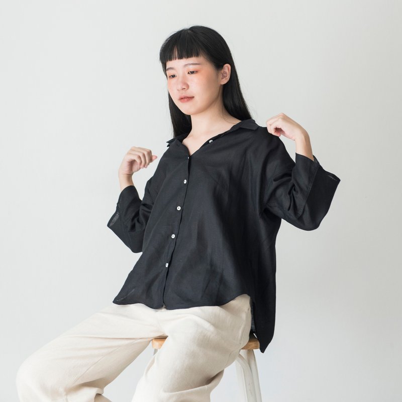 Black Linen Oversized Shirt - 女装衬衫 - 亚麻 黑色