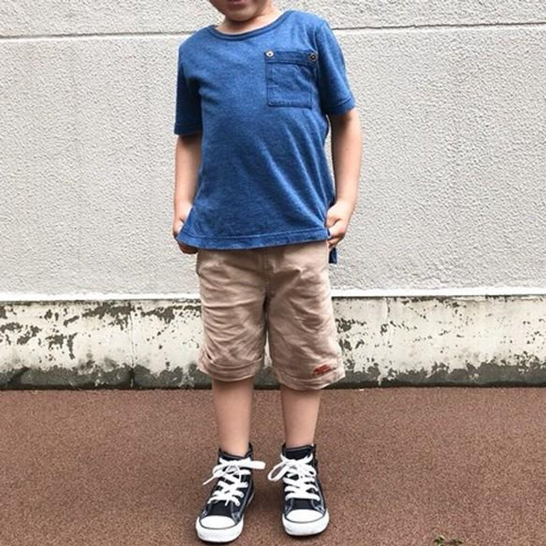 Parent-child coordination Indigo Tenjiku big silhouette T-shirt-kids size - 女装上衣 - 棉 蓝色