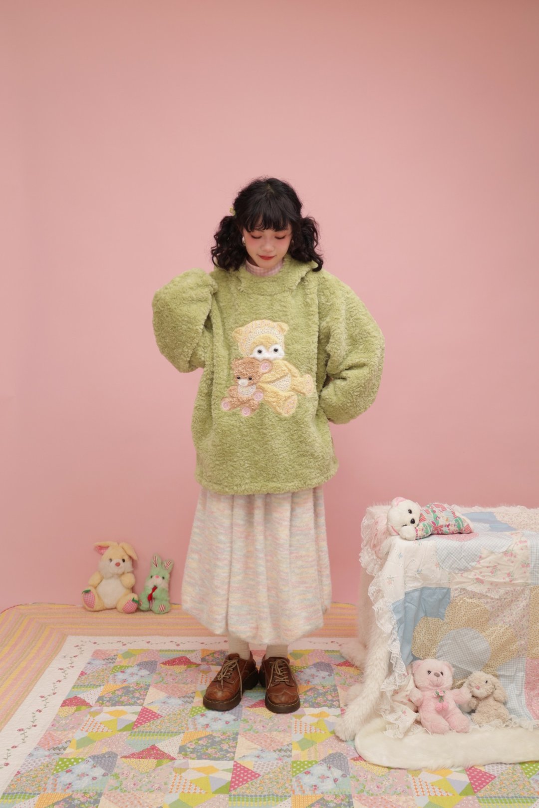 昭和少女 玩偶贴布毛绒连帽外套 - 女装上衣 - 其他材质 绿色
