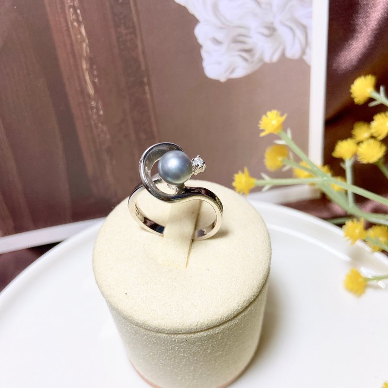 【西洋古董饰品】STER 美灰珠感柔美曲线俐落莱茵 戒指 - 戒指 - 贵金属 银色