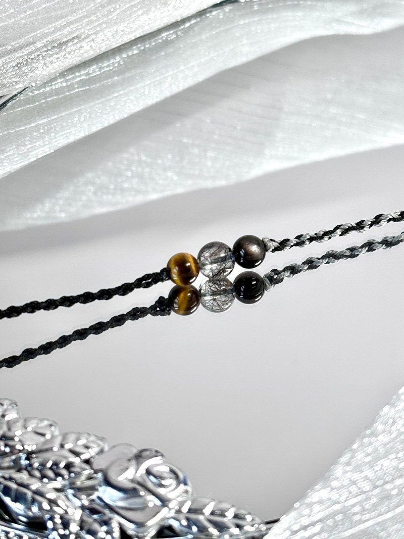 守护 - 医疗钢/黄虎眼石/黑发晶/银曜石/双圈蜡线祈愿开运手链 - 手链/手环 - 水晶 黑色
