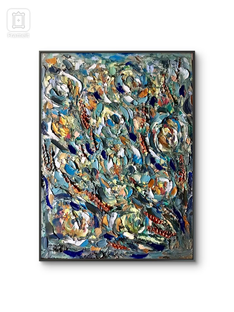 抽象花卉厚涂油画，纹理花艺，原创艺术品 - 墙贴/壁贴 - 其他材质 蓝色