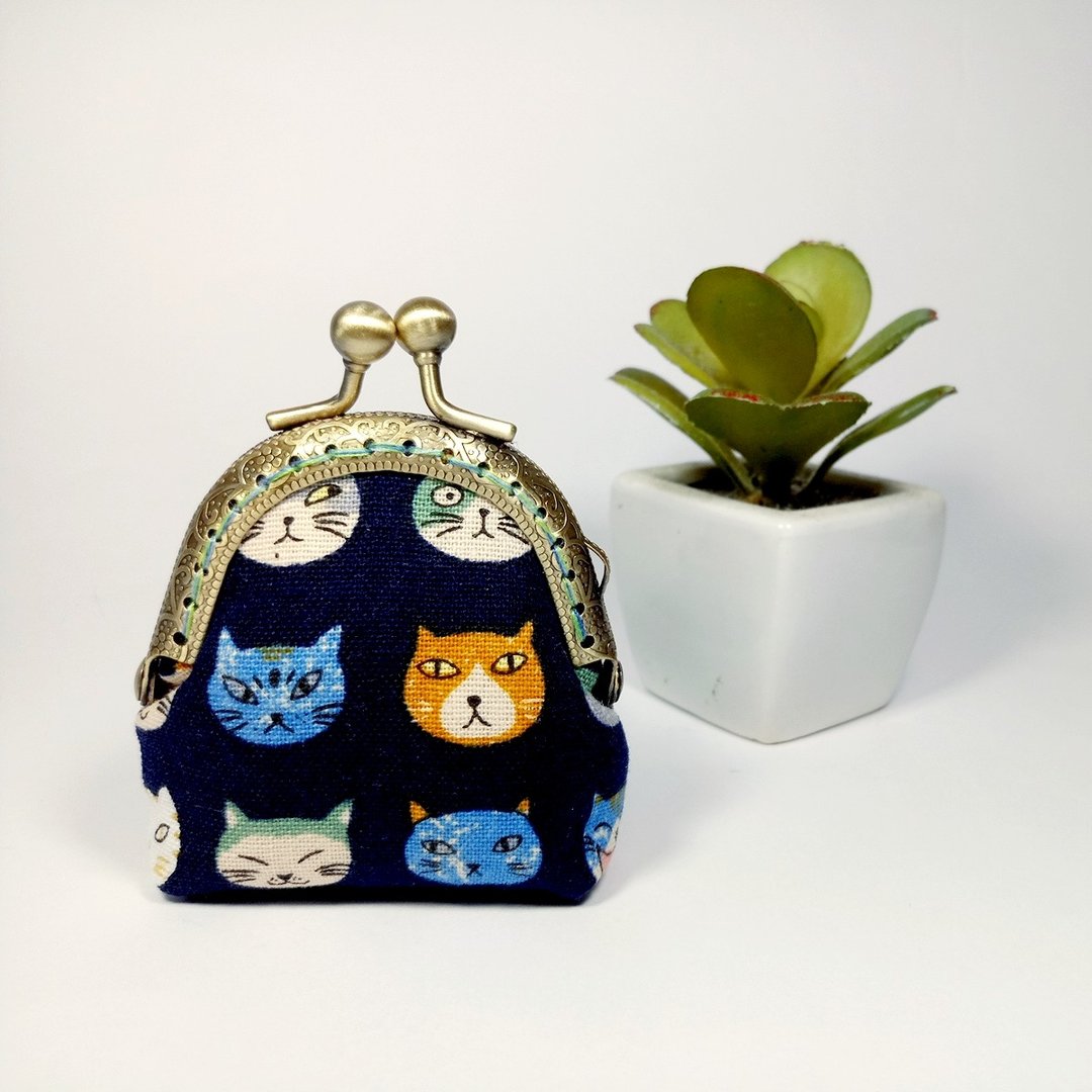 【小花猫-蓝】迷你口金包 零钱包 - 零钱包 - 棉 蓝色